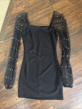 Black Mini Dress with Sheer Pearl-Embellished Sleeves